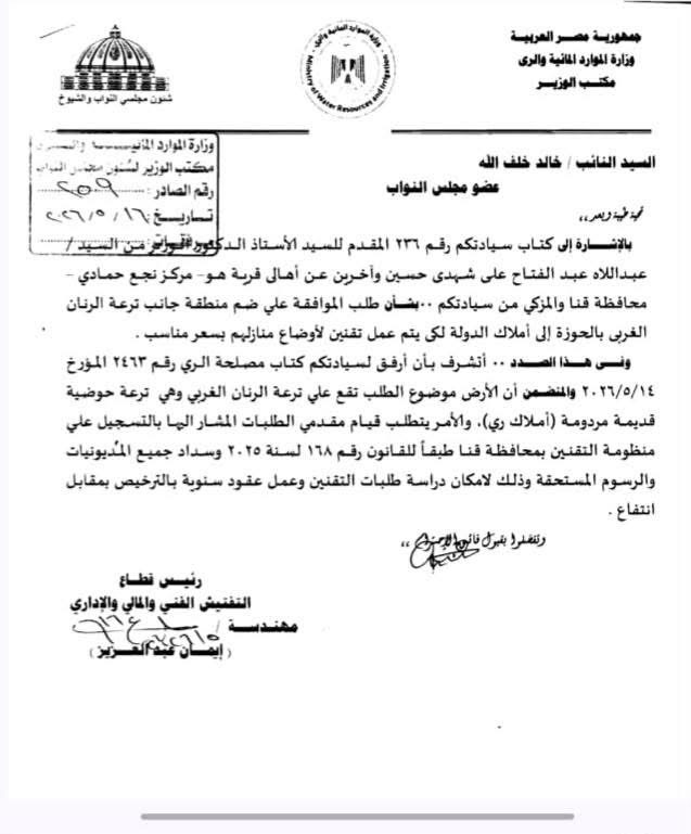 الموافقة على تمليك أراضي أملاك الري بمنطقة جانب ترعة الرنان الغربي